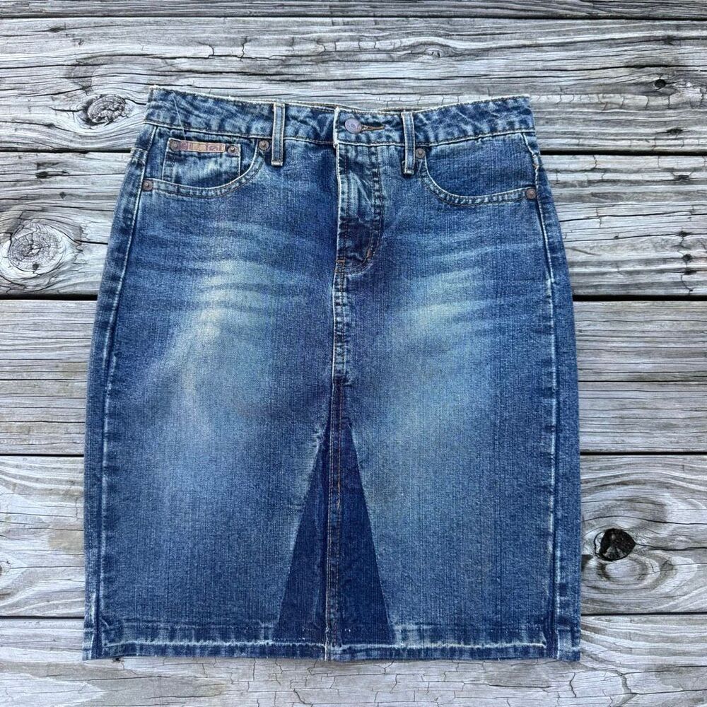 Y2K L.E.I. Blue Faded Denim Front Slit Pencil Skirt Size 3
